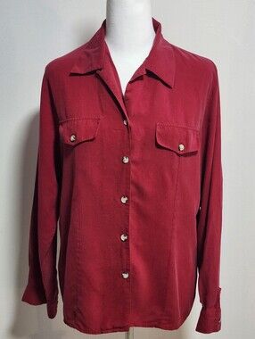 Vintage Two Roads 100% Silk 80's Style Red Button-Up Blouse with Chest Pockets